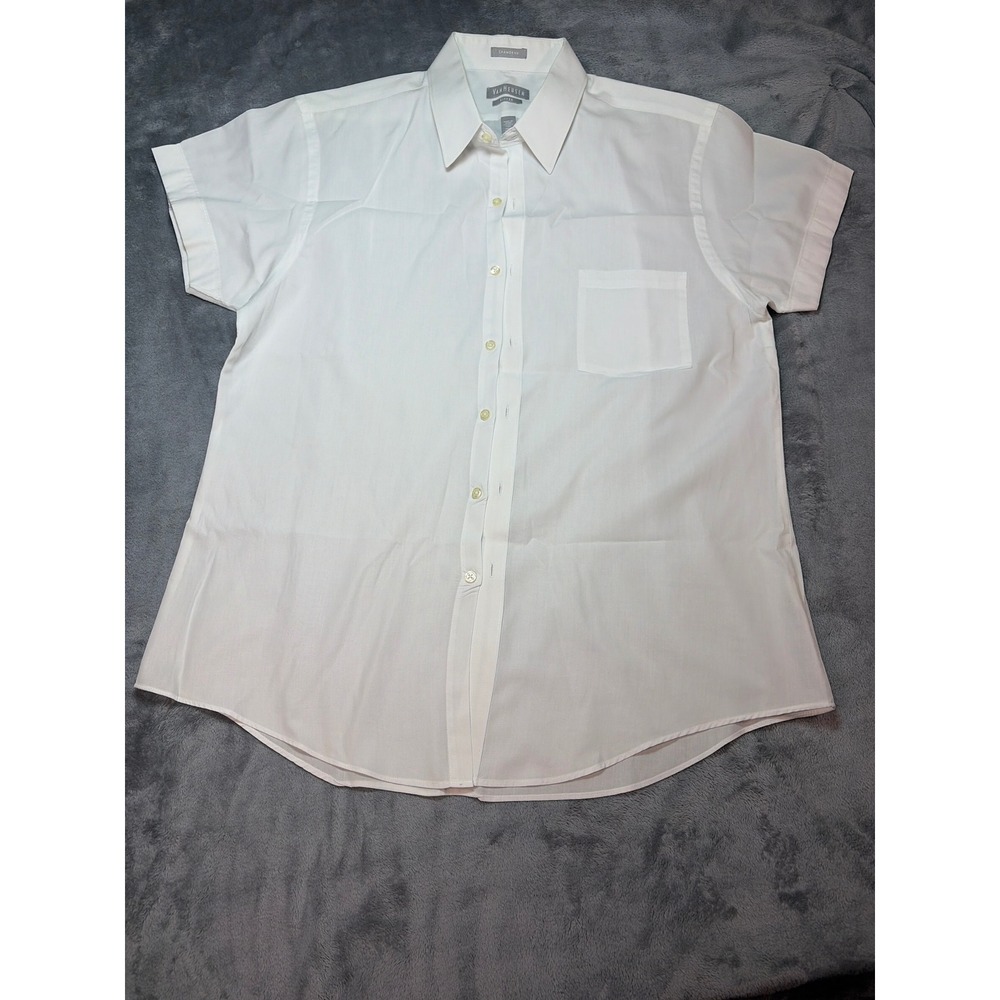 Van Heusen Mens White Short Sleeve Fitted Chambray Dress Shirt 16.5 32-33